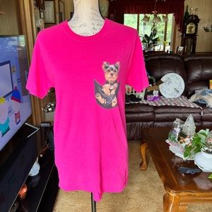 Woman’s Yorkie in my pocket tee shirt